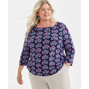 Style & Co Women's Plus Size 1X Navy & Pink Printed Cotton Square-Neck Top NWT